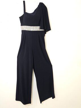Roz & Ali Jumpsuit Womens 8 Navy One Shoulder Draped Sleeve Jeweled Waist Formal